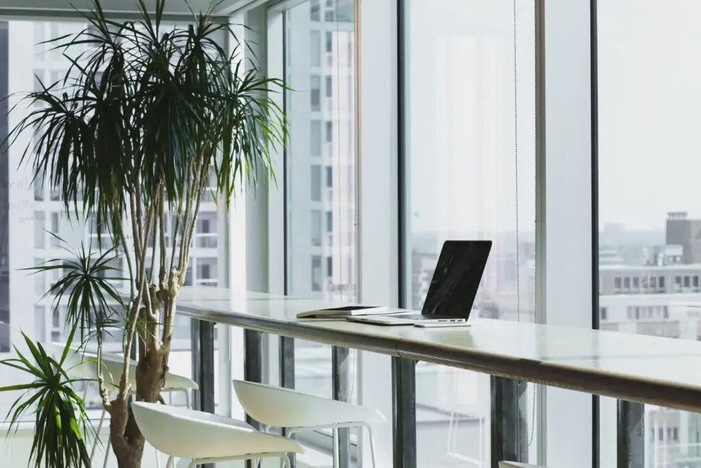 a desk with laptop in a 15th floor of the hotel during working hours with a interior design of plants