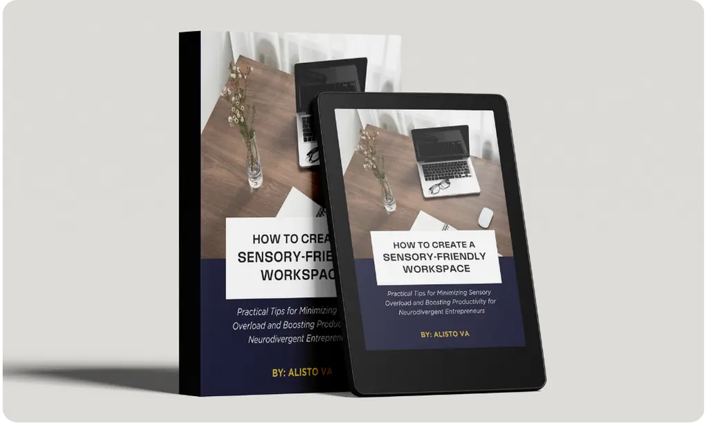 ebook copy of "how to create a sensory-friendly workspace" and a table showing the frontpage