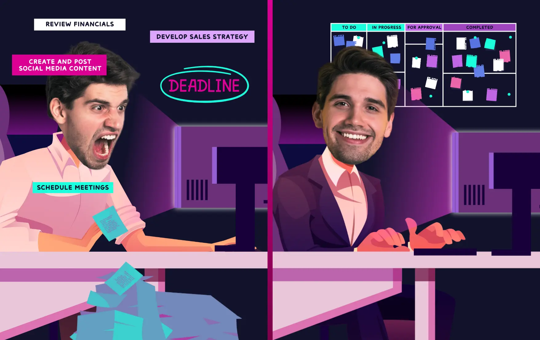 Founder using a workflow board to delegate tasks and stay focused.